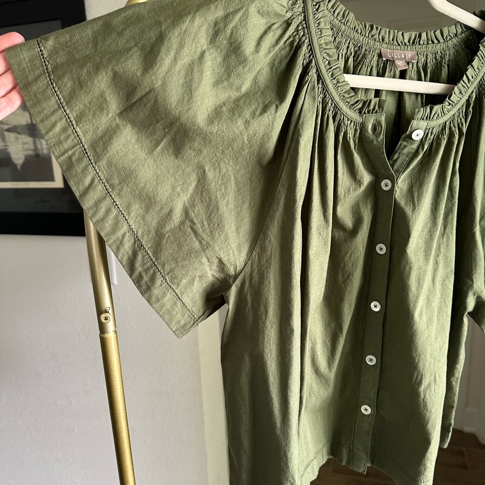 Lilla P Green Cotton Button Up Blouse - Picture 2 of 9